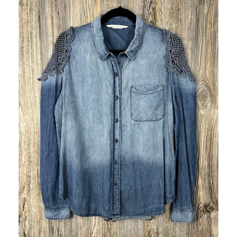 Hippie Laundry Denim Button Front Shirt L Cotton Crochet Detail Boho Shabby Chic